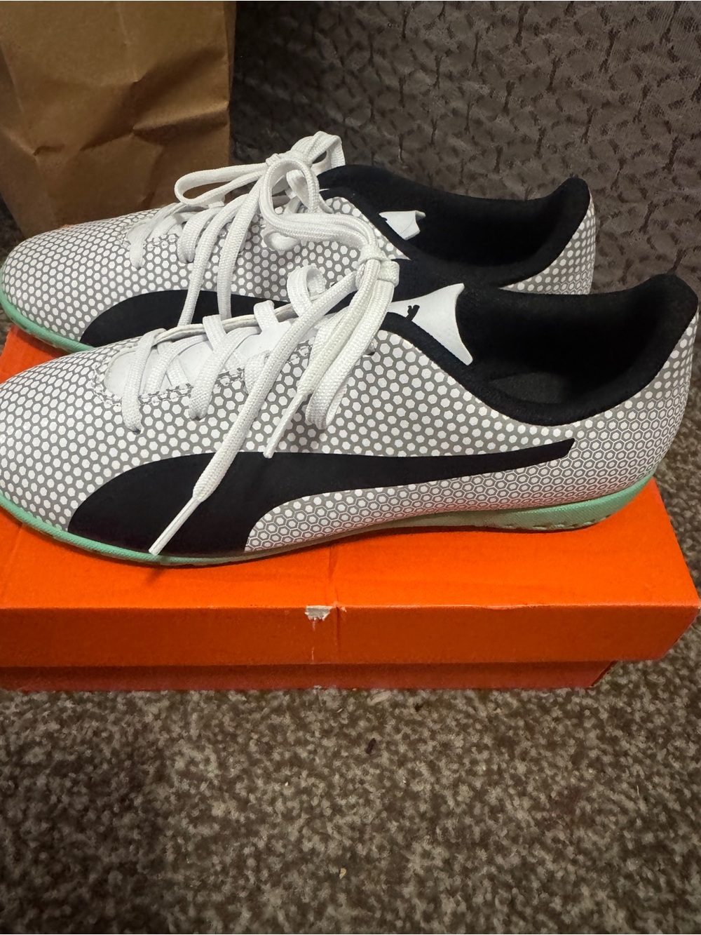 Puma White and Black Sneakers with Mint Trim